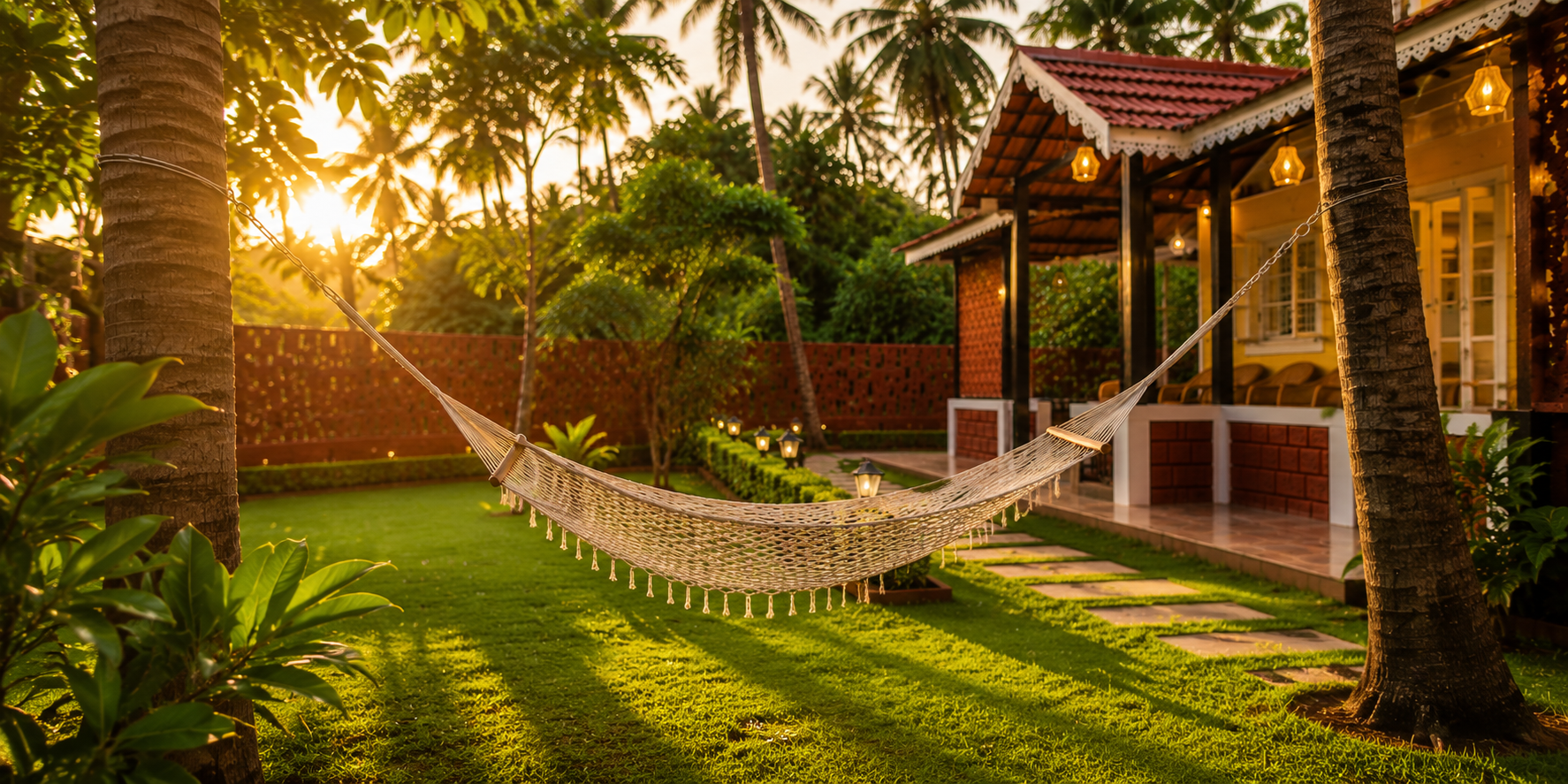 Hammock in the villa garden at golden hour