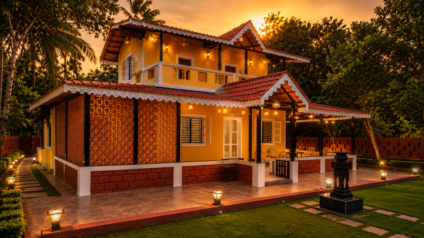 Villa facade glowing with lanterns at twilight