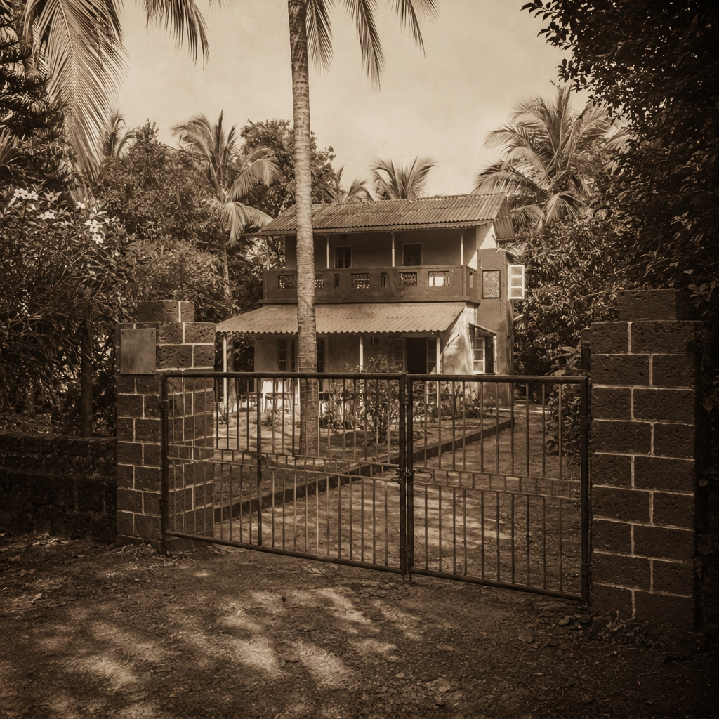 The family bungalow in Dapoli framed by its gate and palms