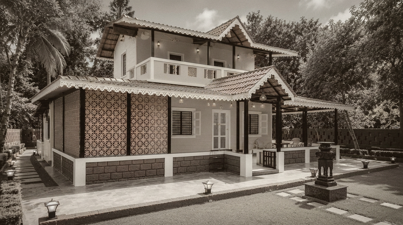 The villa exterior with chira stone walls and Mangalore tiled roof, rustic black-and-white memory